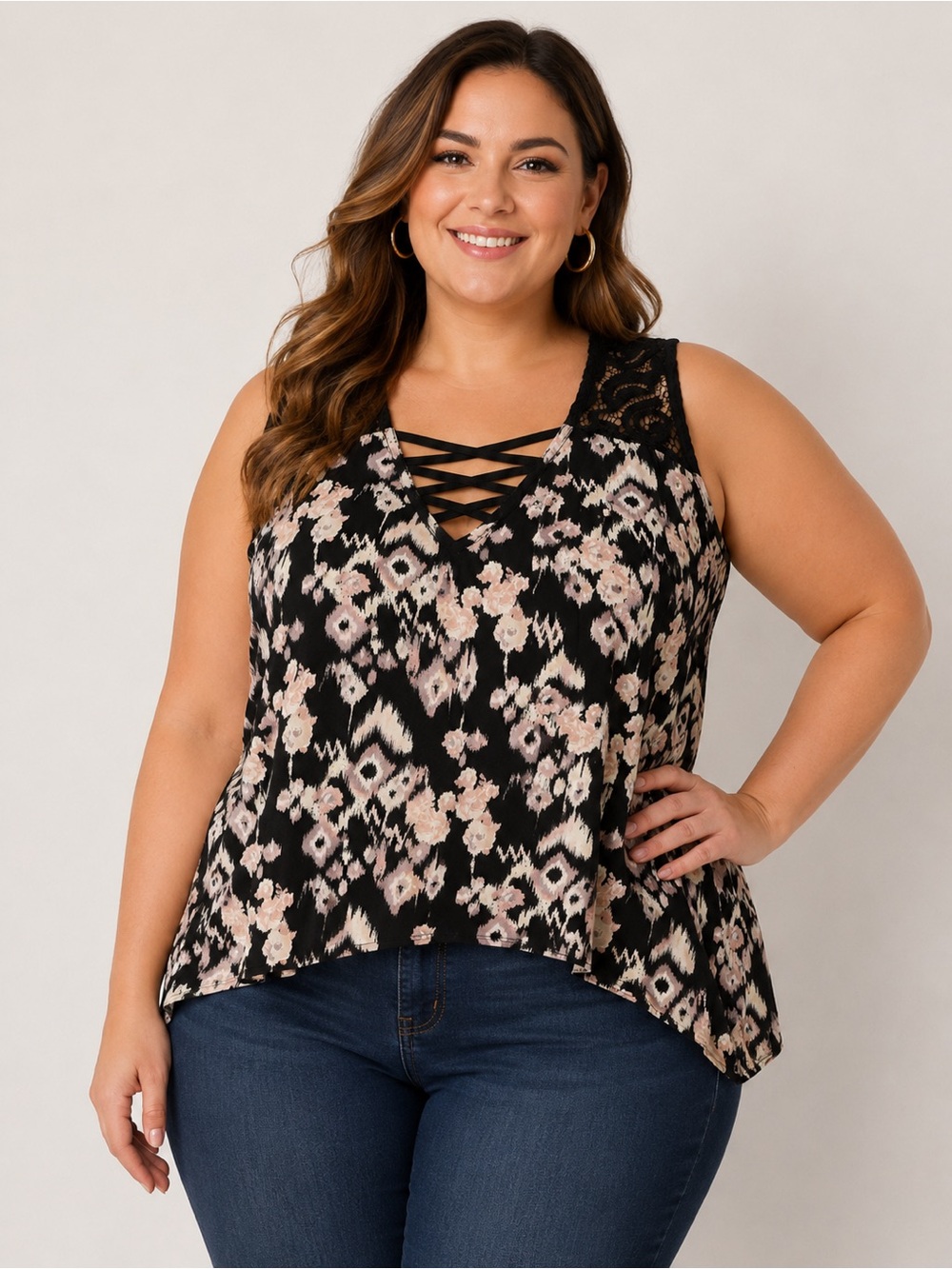 CURE 3XL Floral Cold Shoulder Lace Crisscross Boho Blouse